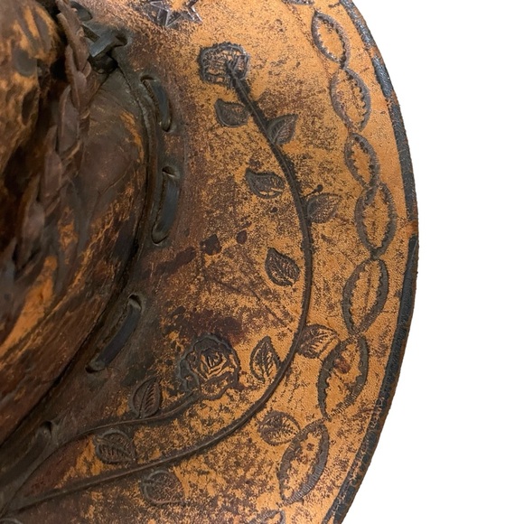 (SOLD) HANDMADE Vintage Hand Tooled Leather Mexican Western Cowboy Hat Hat O/S - Picture 14 of 15